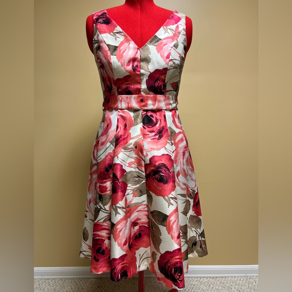 Nine West Red and Pink Floral Midi Dress